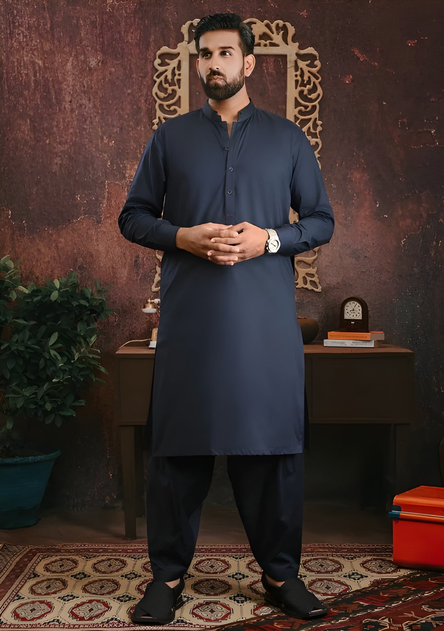 Navy Blue Wash & Wear Unstitched Suit | The AK Collection