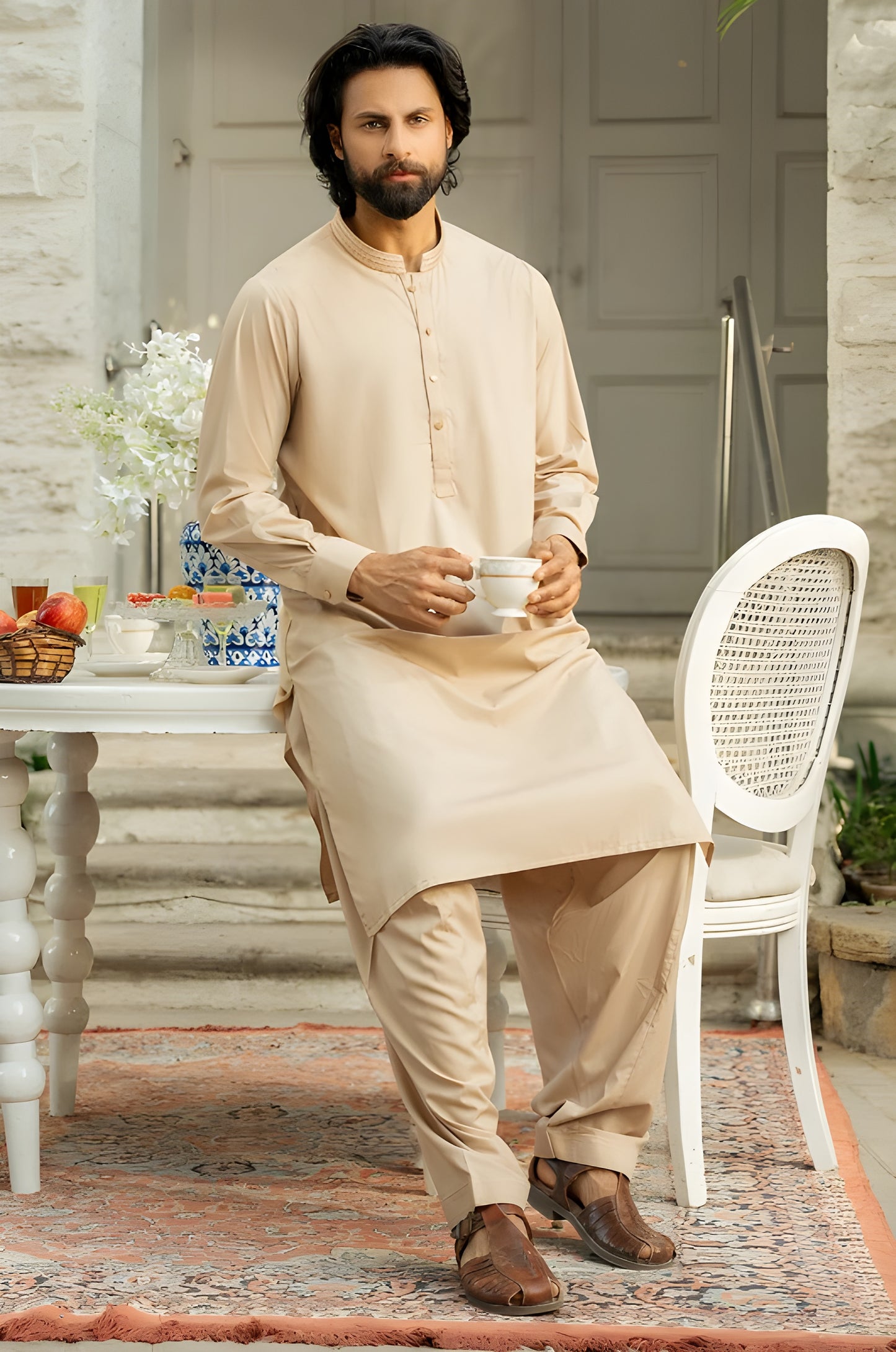 Beige Wash & Wear Unstitched Suit | The AK Collection