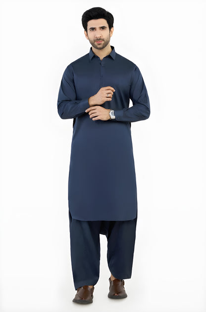 Navy Blue Cotton Unstitched Suit | The AK Collection