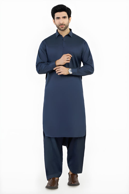 Navy Blue Cotton Unstitched Suit | The AK Collection