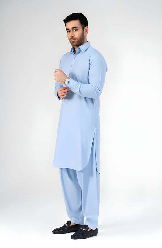 Sky Blue Cotton Unstitched Suit | The AK Collection