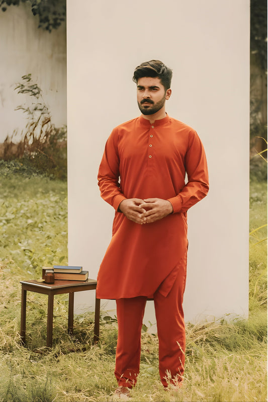 Burnt Orange Wash & Wear Unstitched Suit | The AK Collection