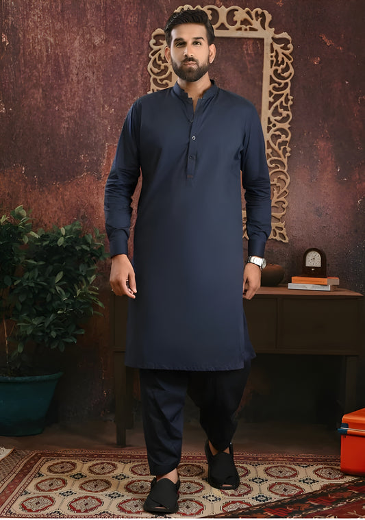 Navy Blue Wash & Wear Unstitched Suit | The AK Collection