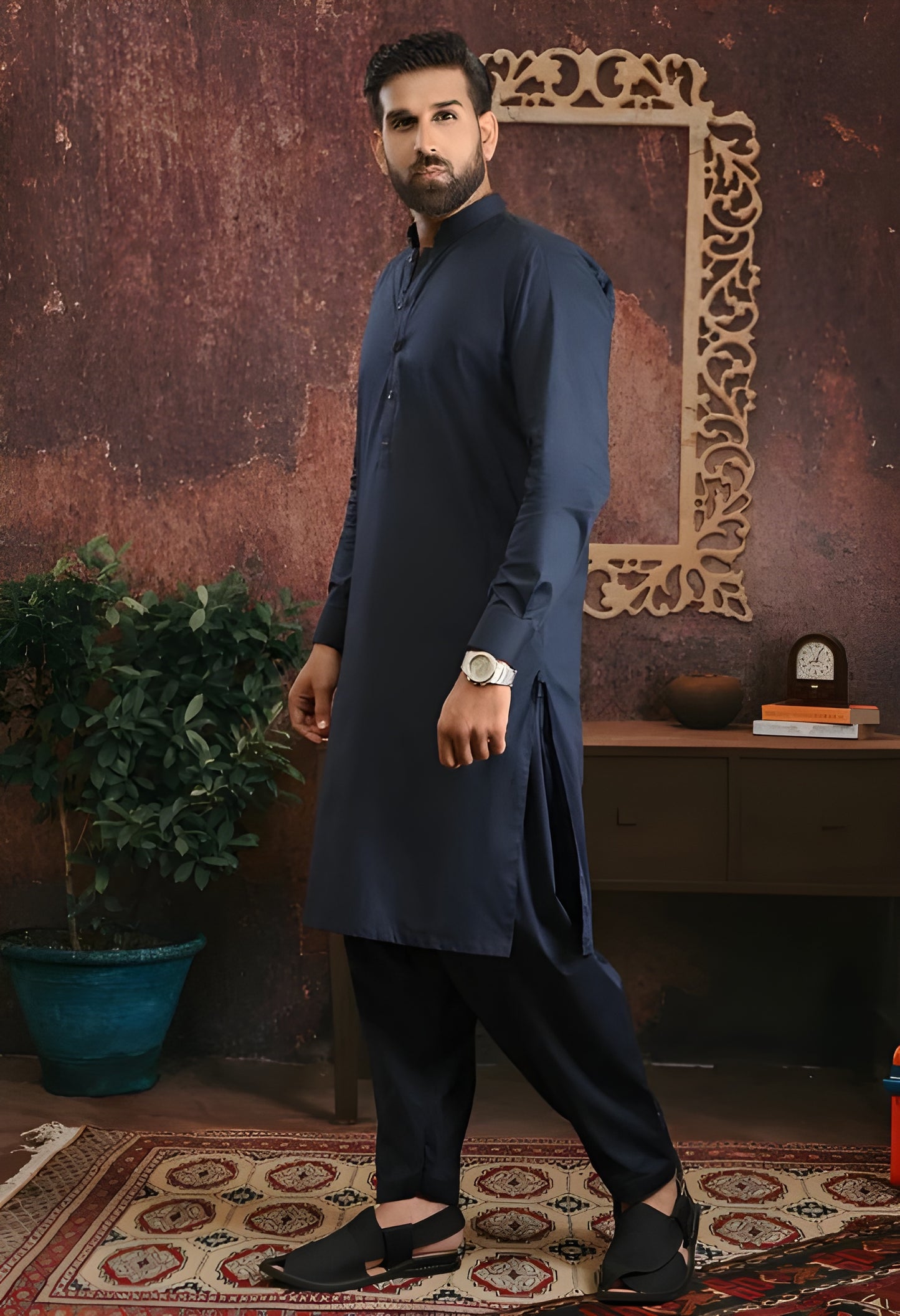 Navy Blue Wash & Wear Unstitched Suit | The AK Collection