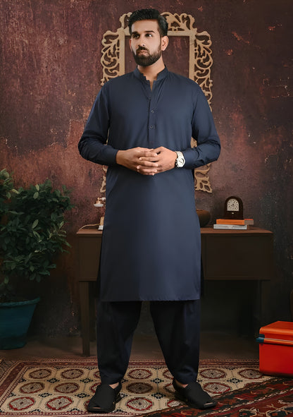 Navy Blue Wash & Wear Unstitched Suit | The AK Collection
