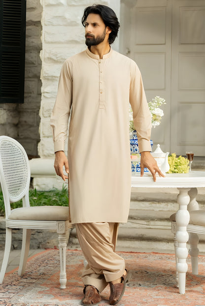 Beige Wash & Wear Unstitched Suit | The AK Collection