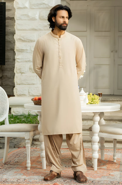 Beige Wash & Wear Unstitched Suit | The AK Collection