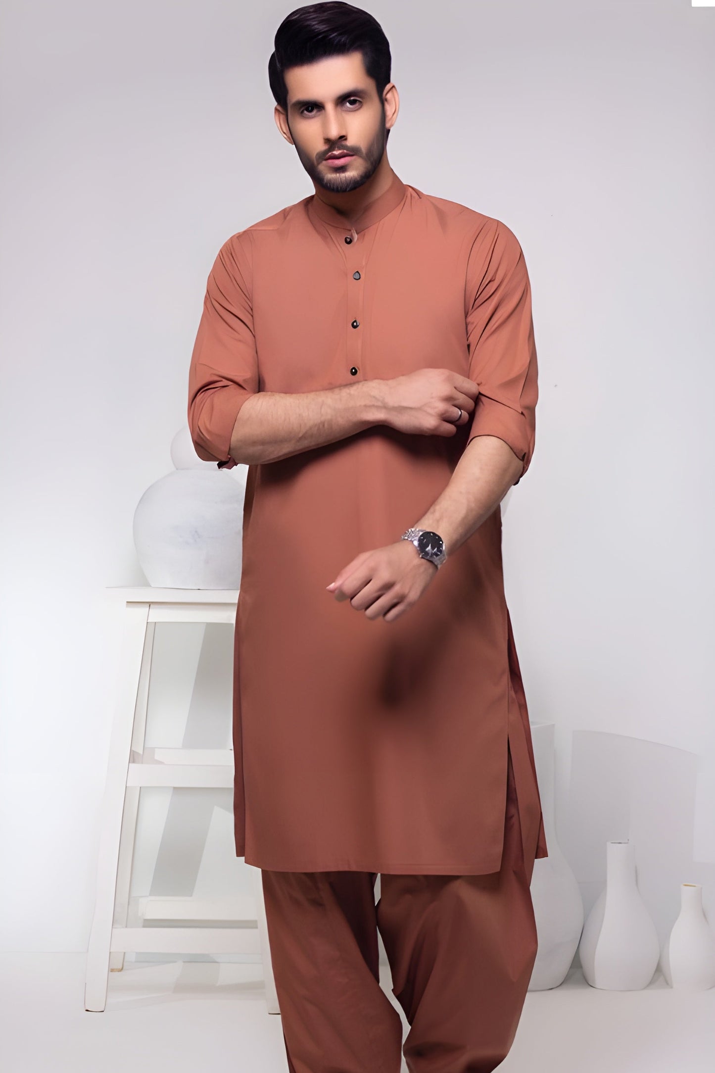 Rust Brown Wash & Wear Unstitched Suit | The AK Collection