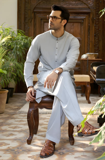 Light Grey Wash & Wear Unstitched Suit | The AK Collection