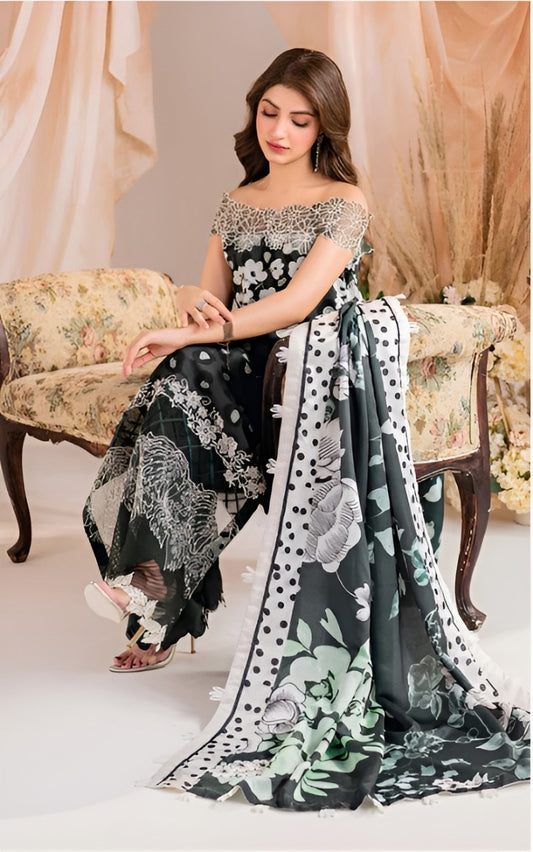 Asifa and Nabeel - Grey floral viscose Shirt, Trouser and dupatta