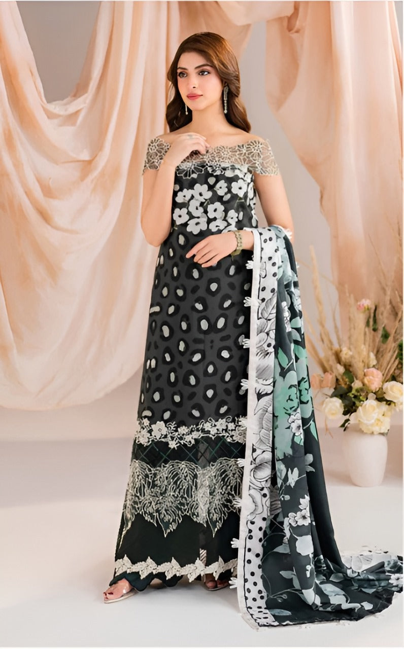 Asifa and Nabeel - Grey floral viscose Shirt, Trouser and dupatta