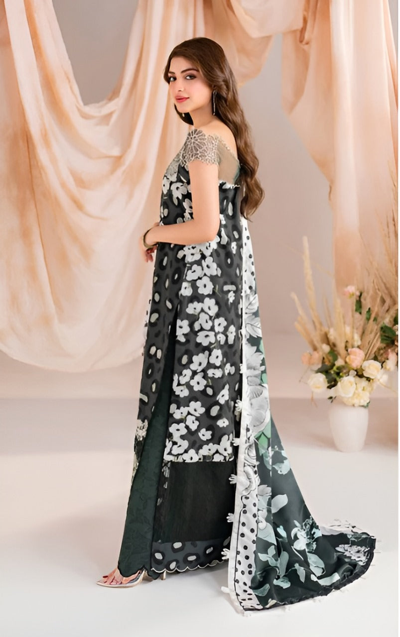 Asifa and Nabeel - Grey floral viscose Shirt, Trouser and dupatta